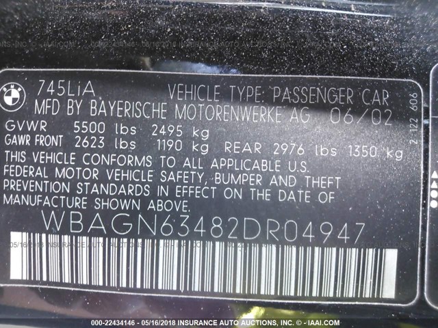 WBAGN63482DR04947 - 2002 BMW 745 LI BLACK photo 9