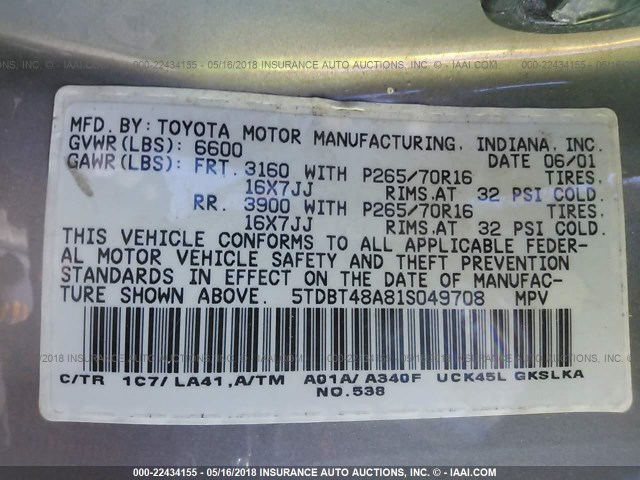5TDBT48A81S049708 - 2001 TOYOTA SEQUOIA LIMITED GRAY photo 9