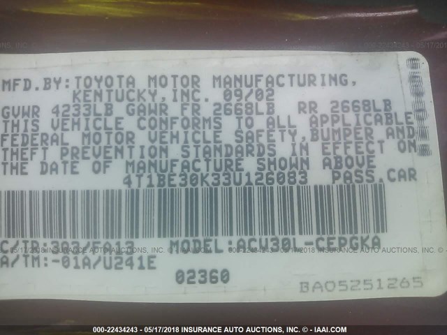 4T1BE30K33U126083 - 2003 TOYOTA CAMRY LE/XLE/SE წითელი ფოტო 9