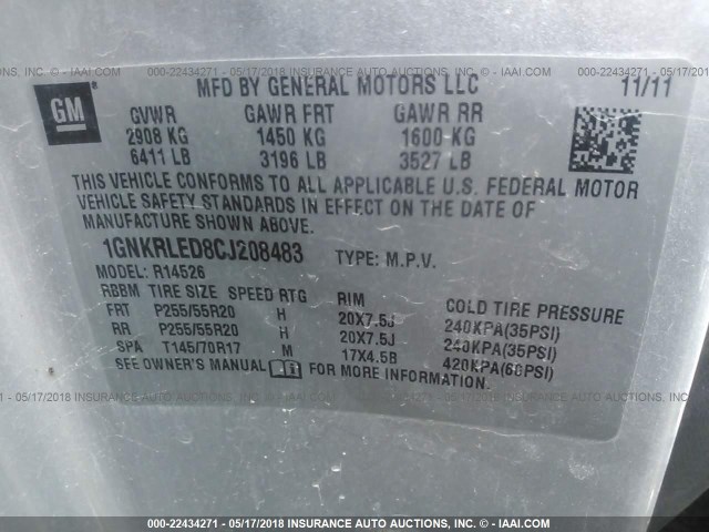 1GNKRLED8CJ208483 - 2012 CHEVROLET TRAVERSE LTZ SILVER photo 9