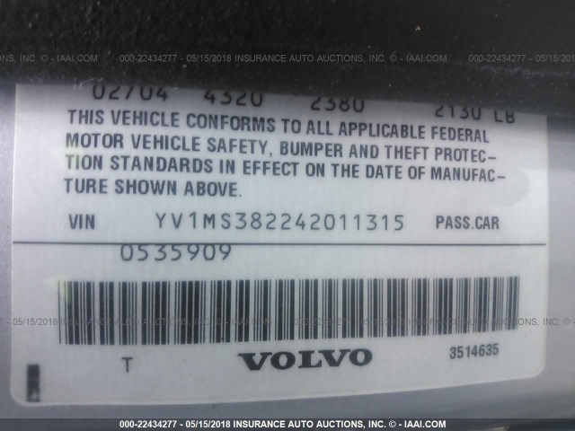 YV1MS382242011315 - 2004 VOLVO S40 2.4I SILVER photo 9