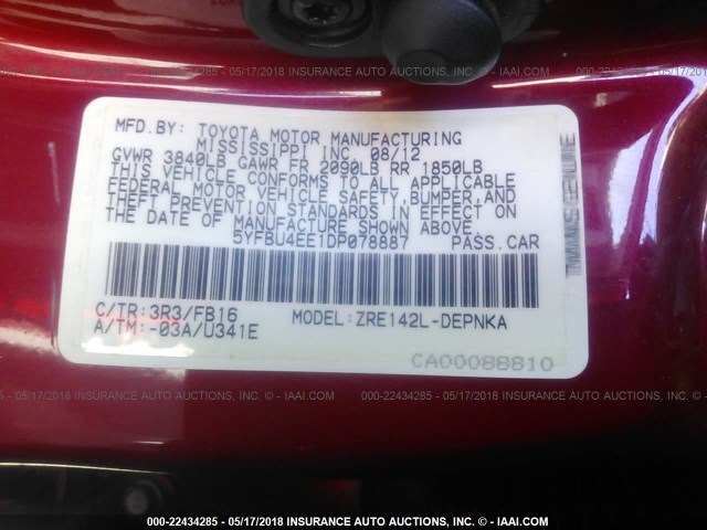 5YFBU4EE1DP078887 - 2013 TOYOTA COROLLA S/LE RED photo 9