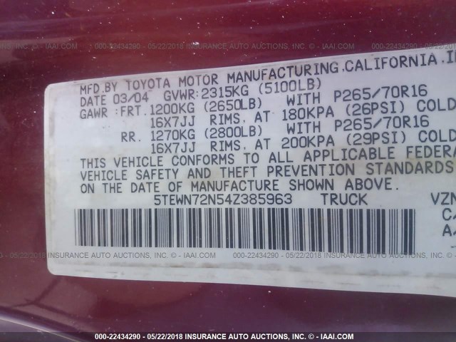 5TEWN72N54Z385963 - 2004 TOYOTA TACOMA XTRACAB RED photo 9