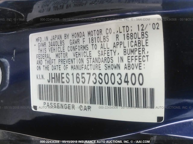 JHMES16573S003400 - 2003 HONDA CIVIC LX BLUE photo 9