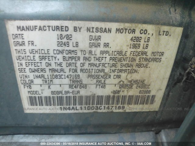 1N4AL11D03C147169 - 2003 NISSAN ALTIMA S/SL Light Blue photo 9