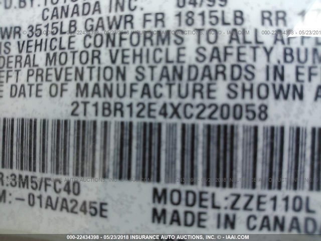 2T1BR12E4XC220058 - 1999 TOYOTA COROLLA VE/CE/LE 米色 照片 9