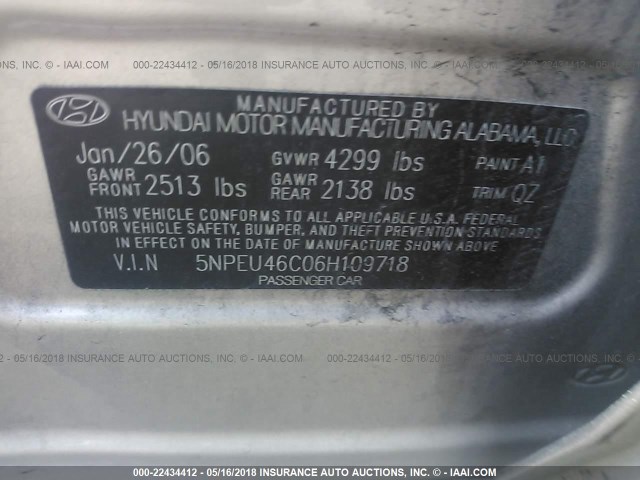 5NPEU46C06H109718 - 2006 HYUNDAI SONATA GLS/LX GOLD photo 9