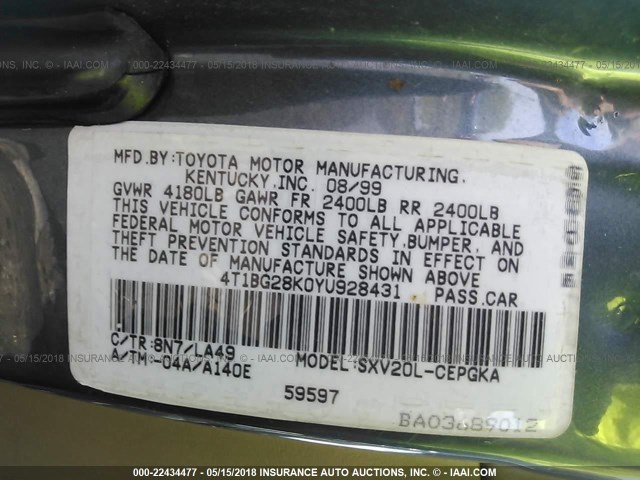 4T1BG28K0YU928431 - 2000 TOYOTA CAMRY CE/LE/XLE BLUE photo 9