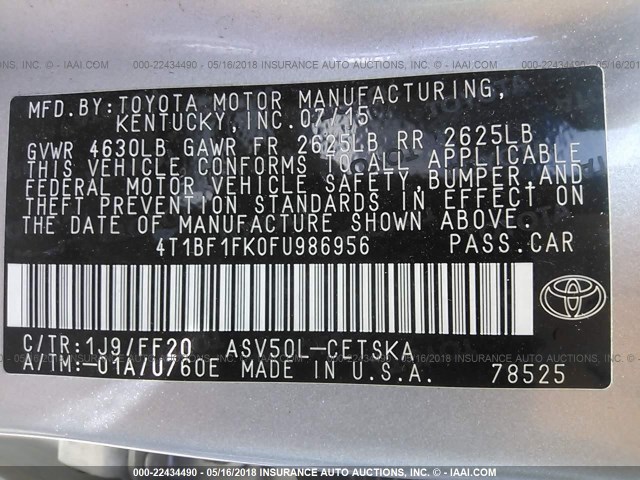 4T1BF1FK0FU986956 - 2015 TOYOTA CAMRY LE/XLE/SE/XSE SILVER photo 9