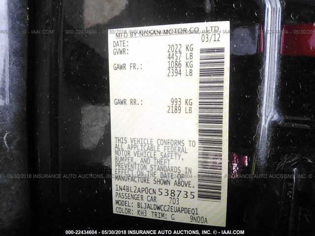 1N4BL2AP0CN538735 - 2012 NISSAN ALTIMA SR BLACK photo 9