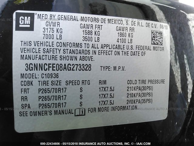 3GNNCFE08AG273328 - 2010 CHEVROLET AVALANCHE LT BLACK photo 9