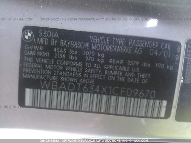 WBADT634X1CF09670 - 2001 BMW 530 I AUTOMATIC SILVER photo 9