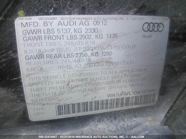 WA1UFAFL1DA137949 - 2013 AUDI A4 ALLROAD PREMIUM PLUS BLACK photo 9