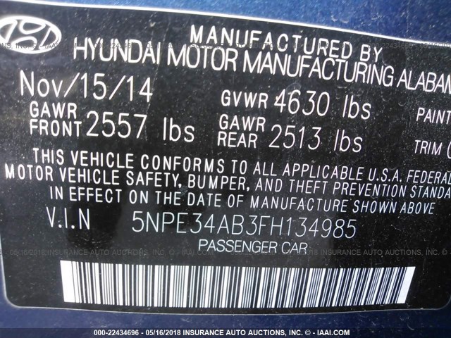 5NPE34AB3FH134985 - 2015 HYUNDAI SONATA SPORT/LIMITED BLUE photo 9