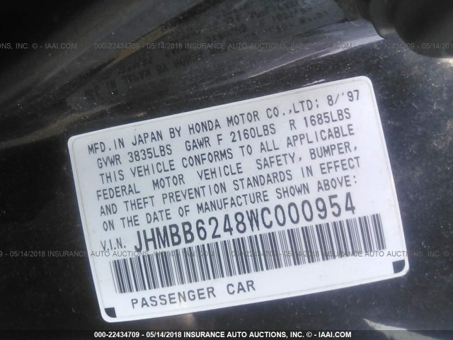 JHMBB6248WC000954 - 1998 HONDA PRELUDE BLACK photo 9