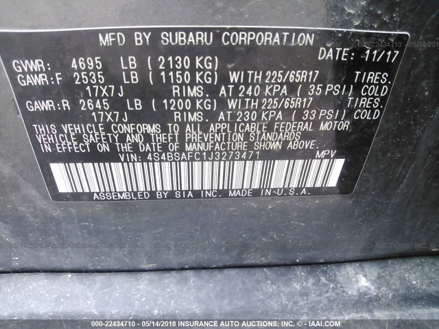 4S4BSAFC1J3273471 - 2018 SUBARU OUTBACK 2.5I PREMIUM GRAY photo 9