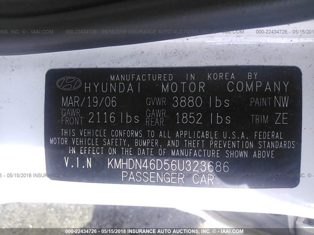 KMHDN46D56U323686 - 2006 HYUNDAI ELANTRA GLS/GT/LIMITED WHITE photo 9