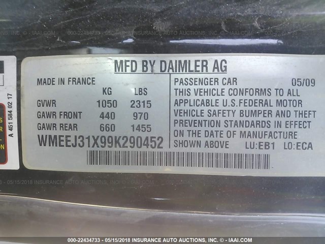 WMEEJ31X99K290452 - 2009 SMART FORTWO PURE/PASSION BLACK photo 9