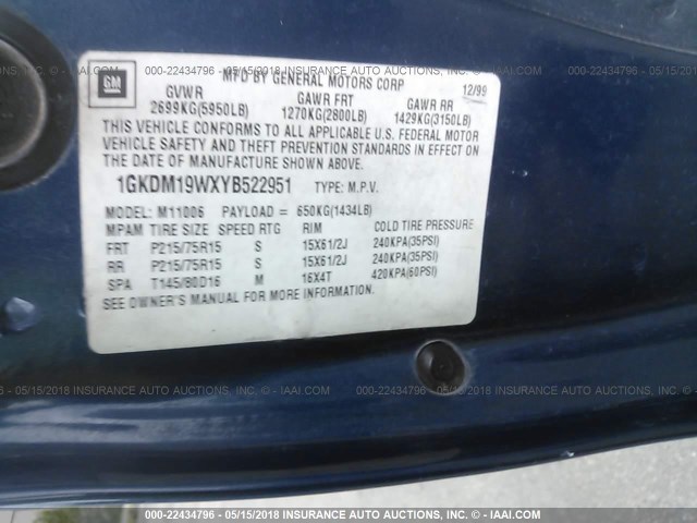 1GKDM19WXYB522951 - 2000 GMC SAFARI XT Dark Blue photo 9