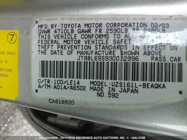 JT8BL69S930012996 - 2003 LEXUS GS 430 SILVER photo 9