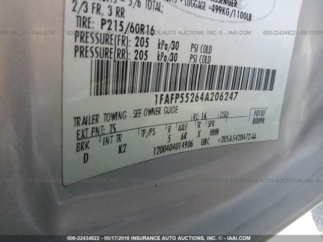 1FAFP55264A206247 - 2004 FORD TAURUS SES GRAY photo 9
