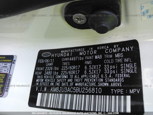 KM8JU3AC5BU256810 - 2011 HYUNDAI TUCSON GLS/LIMITED თეთრი ფოტო 9