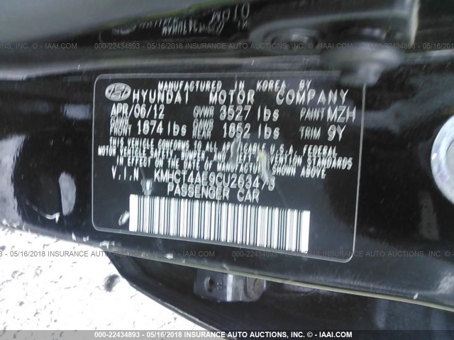 KMHCT4AE9CU263473 - 2012 HYUNDAI ACCENT GLS/GS BLACK photo 9