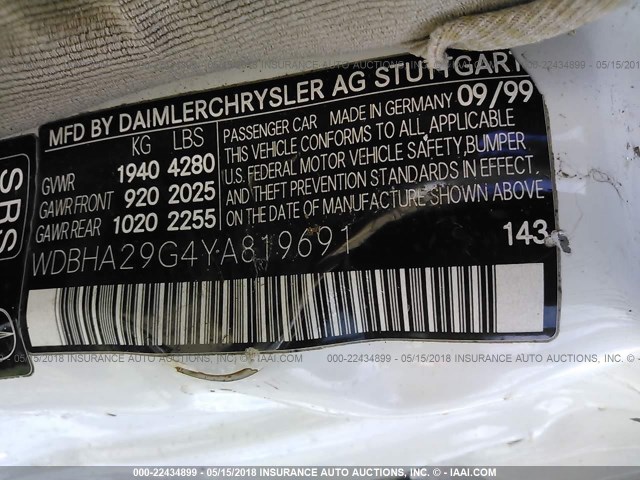 WDBHA29G4YA819691 - 2000 MERCEDES-BENZ C 280 WHITE photo 9