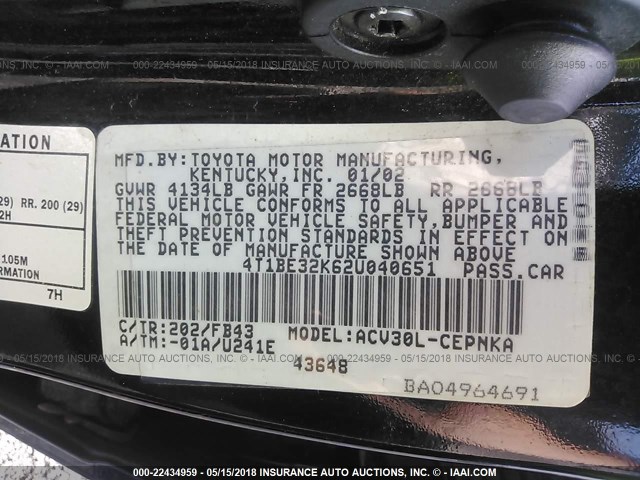 4T1BE32K62U040651 - 2002 TOYOTA CAMRY LE/XLE/SE შავი ფოტო 9