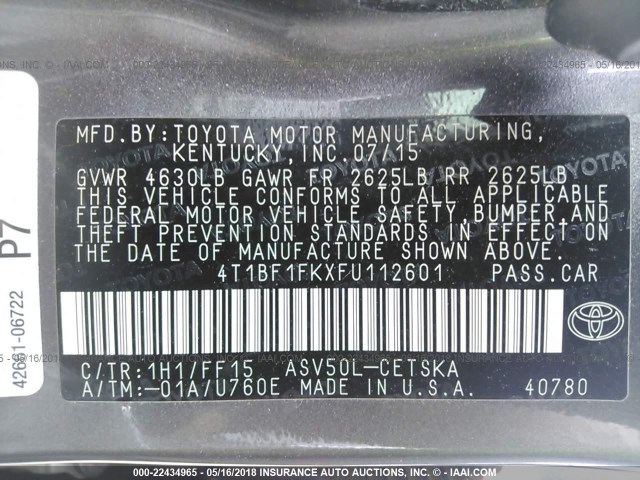 4T1BF1FKXFU112601 - 2015 TOYOTA CAMRY LE/XLE/SE/XSE ნაცრისფერი ფოტო 9