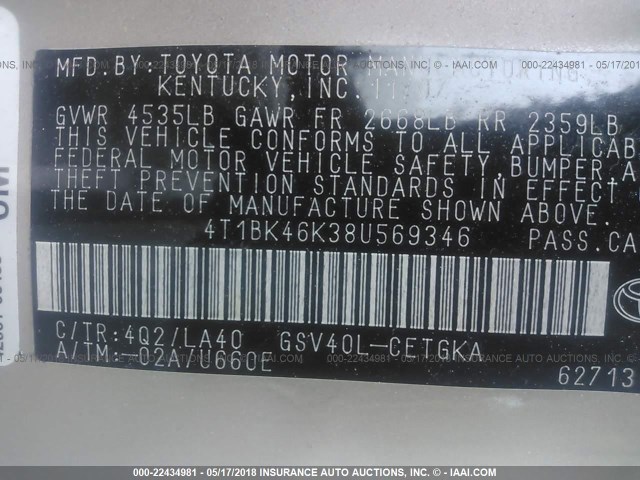 4T1BK46K38U569346 - 2008 TOYOTA CAMRY LE/XLE/SE ოქროსფერი ფოტო 9