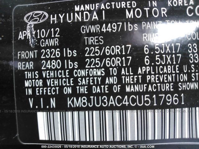 KM8JU3AC4CU517961 - 2012 HYUNDAI TUCSON GLS/LIMITED შავი ფოტო 9