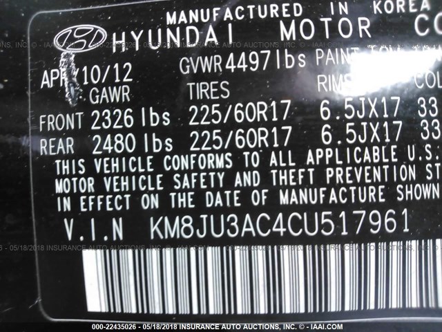 KM8JU3AC4CU517961 - 2012 HYUNDAI TUCSON GLS/LIMITED BLACK photo 9