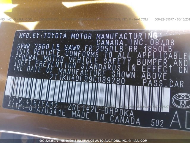 2T1KU40E99C089280 - 2009 TOYOTA COROLLA MATRIX  ORANGE photo 9