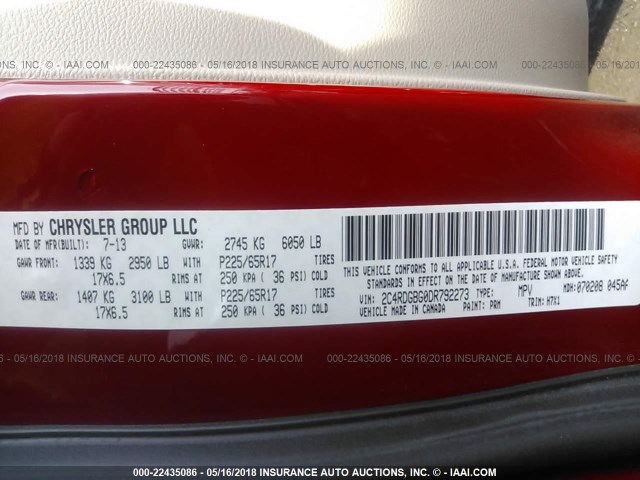 2C4RDGBG0DR792273 - 2013 DODGE GRAND CARAVAN SE RED photo 9