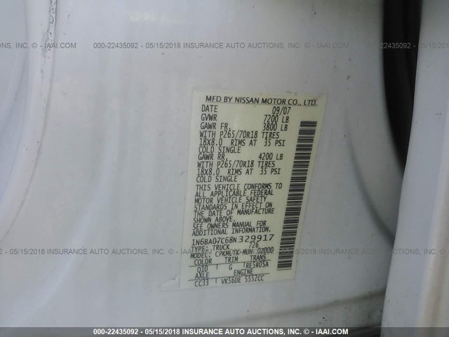 1N6BA07C68N329917 - 2008 NISSAN TITAN XE/SE/LE/PRO-4X WHITE photo 9