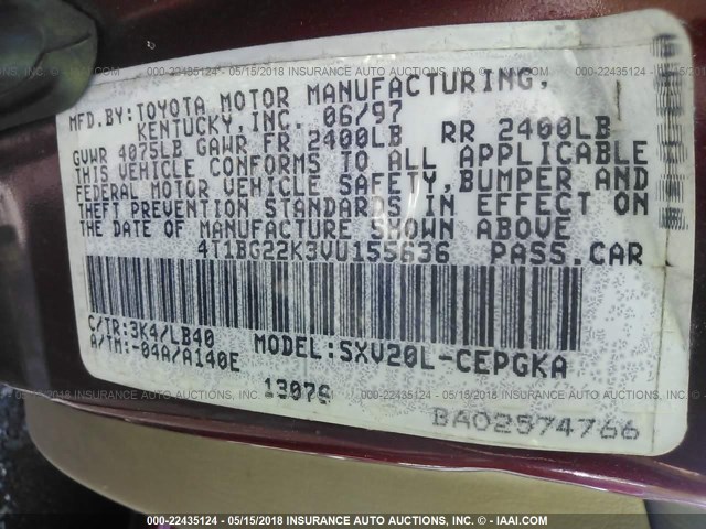 4T1BG22K3VU155636 - 1997 TOYOTA CAMRY CE/LE/XLE 红色 照片 9