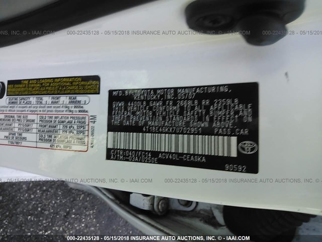 4T1BE46KX7U702951 - 2007 TOYOTA CAMRY NEW GENERAT CE/LE/XLE/SE WHITE photo 9