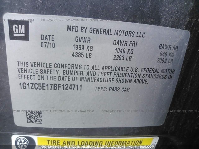 1G1ZC5E17BF124711 - 2011 CHEVROLET MALIBU 1LT 灰色 照片 9