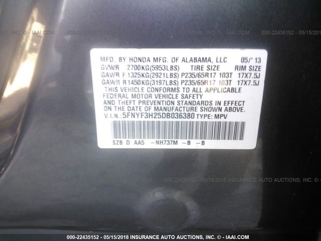 5FNYF3H25DB036380 - 2013 HONDA PILOT LX GRAY photo 9