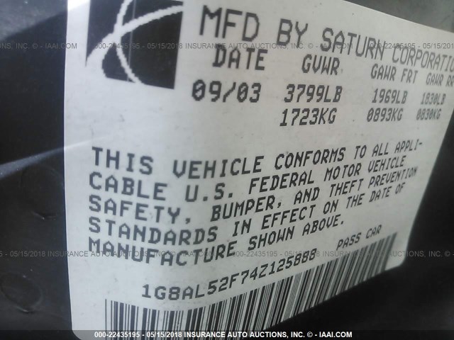 1G8AL52F74Z125888 - 2004 SATURN ION LEVEL 3 SILVER photo 9