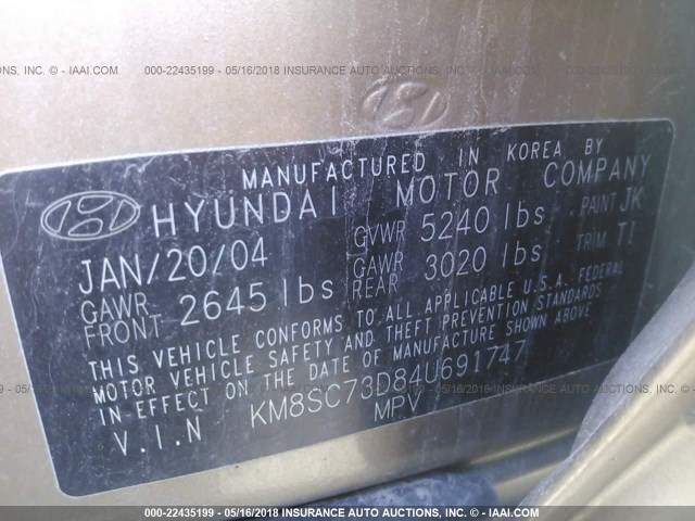 KM8SC73D84U691747 - 2004 HYUNDAI SANTA FE GLS/LX GOLD photo 9