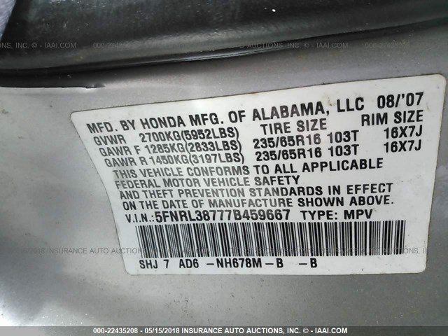 5FNRL38777B459667 - 2007 HONDA ODYSSEY EXL ვერცხლისფერი ფოტო 9