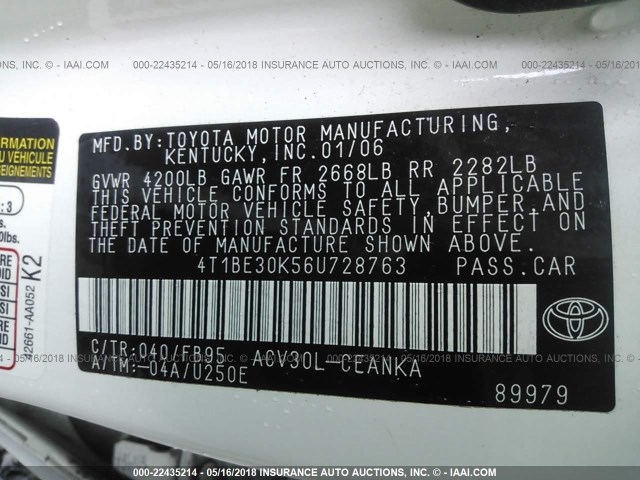 4T1BE30K56U728763 - 2006 TOYOTA CAMRY LE/XLE/SE თეთრი ფოტო 9