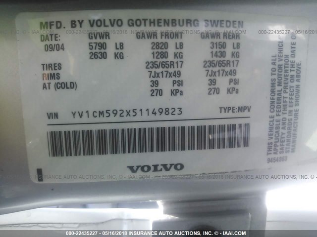 YV1CM592X51149823 - 2005 VOLVO XC90 SILVER photo 9