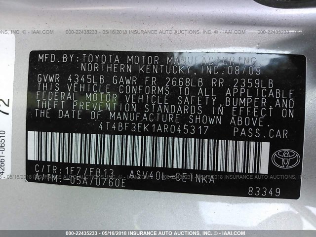 4T4BF3EK1AR045317 - 2010 TOYOTA CAMRY SE/LE/XLE SILVER photo 9