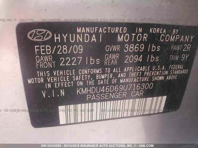 KMHDU46D69U716300 - 2009 HYUNDAI ELANTRA GLS/SE SILVER photo 9