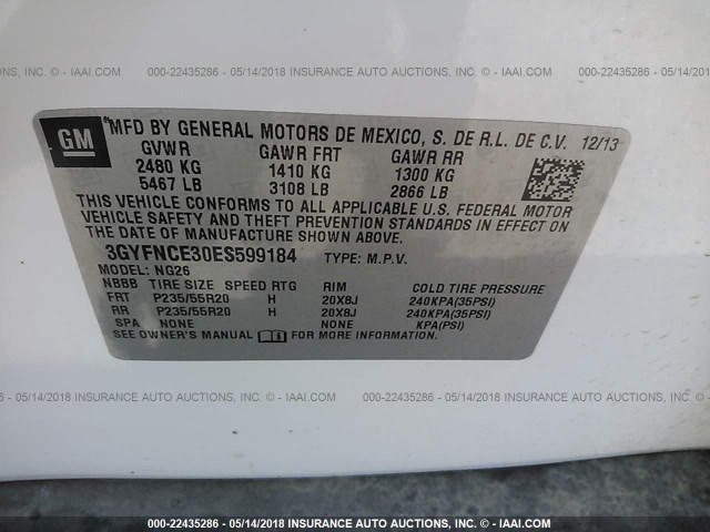 3GYFNCE30ES599184 - 2014 CADILLAC SRX PERFORMANCE COLLECTION Ақ фото 9