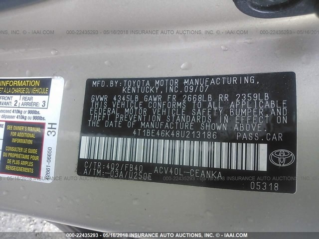 4T1BE46K48U213186 - 2008 TOYOTA CAMRY CE/LE/XLE/SE GOLD photo 9