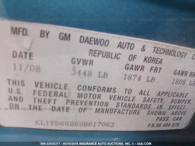 KL1TD66E69B617063 - 2009 CHEVROLET AVEO LS/LT 蓝色 照片 9